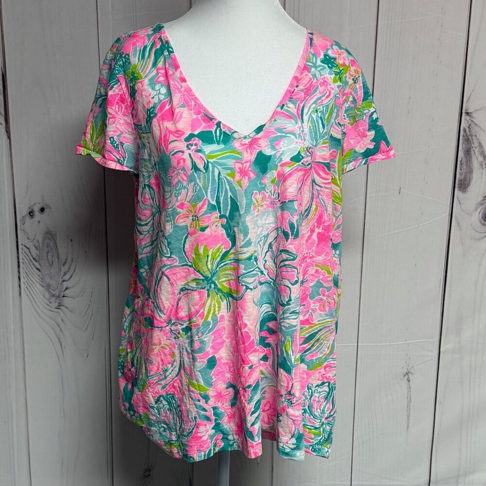 Lilly Pulitzer Etta V Neck Tee Women's L Pink Green Floral Cotton EUC